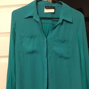 Teal sheer button up long sleeve